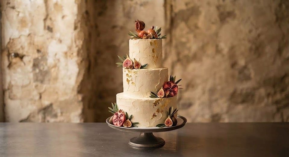 A three-tier cream celebration cake with figs, pomegranates and gold leaf