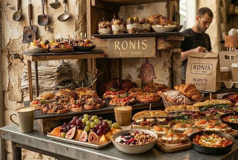 Brunch at Roni's: sandwiches, pastries, fruit, granola and coffee on the counter