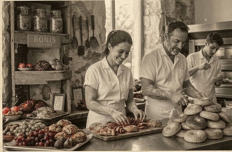 An illustration of bakers shaping bagels and babka at the counter, in old-photo tones